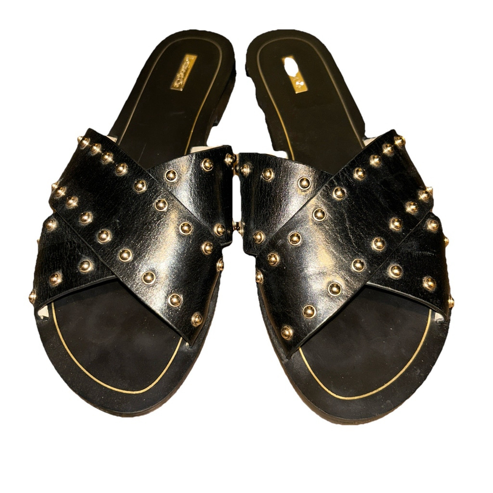 Louise et Cie Women's Bonnie Gold Studded Black Flat Slide Sandals Sz 8.5 -38.5